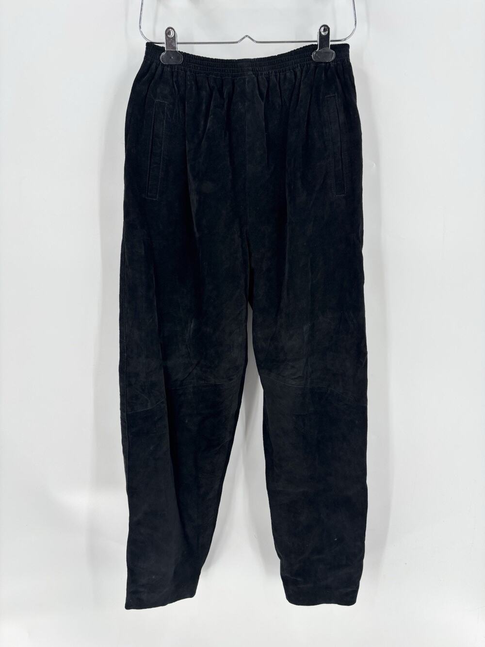 Vintage 90s Erez Levy XL Black Leather Pants High Rise Tapered Elastic Waist